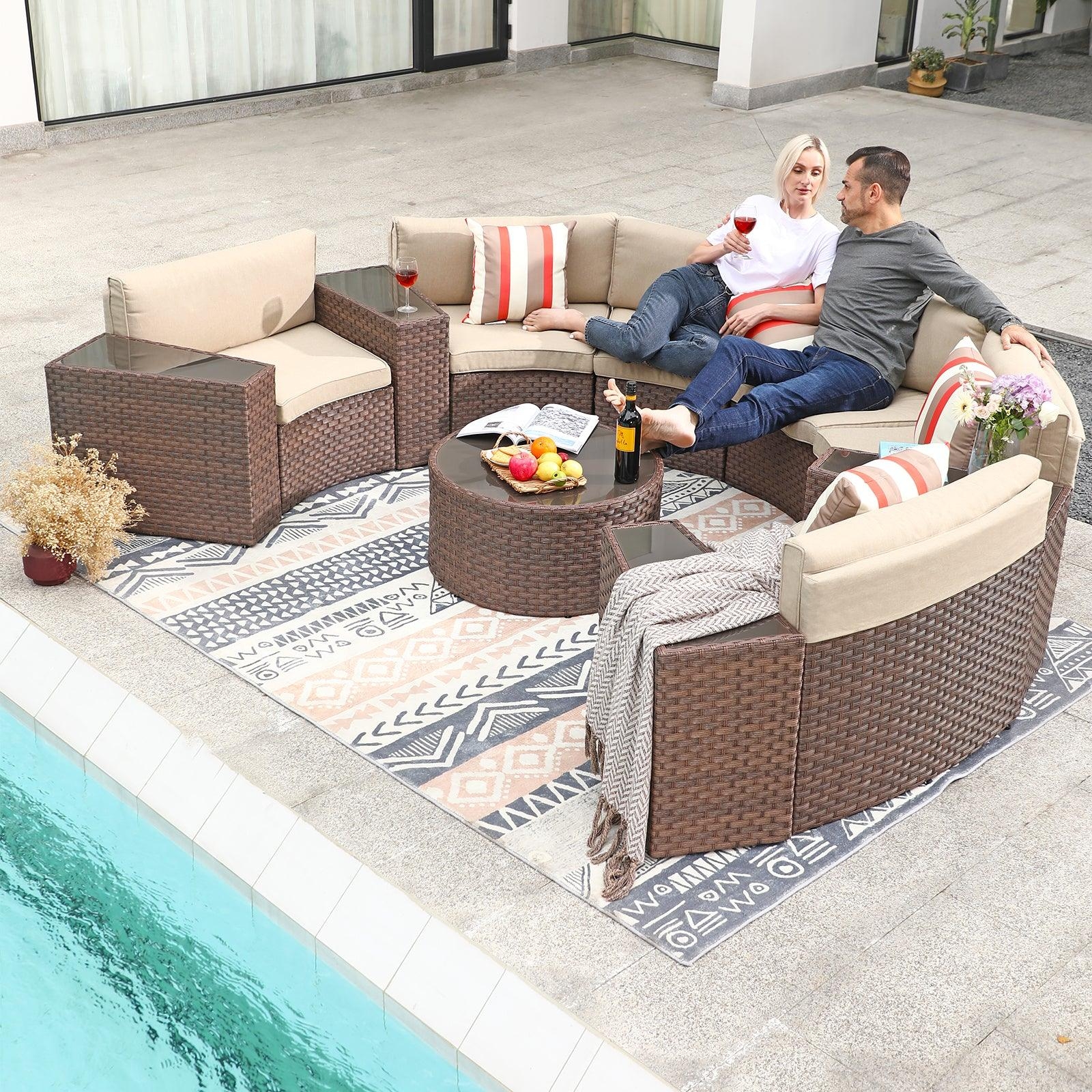 Sectional Sofa: Integrated Glass Tables Chocolate Brown Patio Lounge