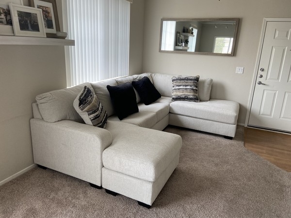 Sectional Sofa Light Cream Textured Weave and Track Arms