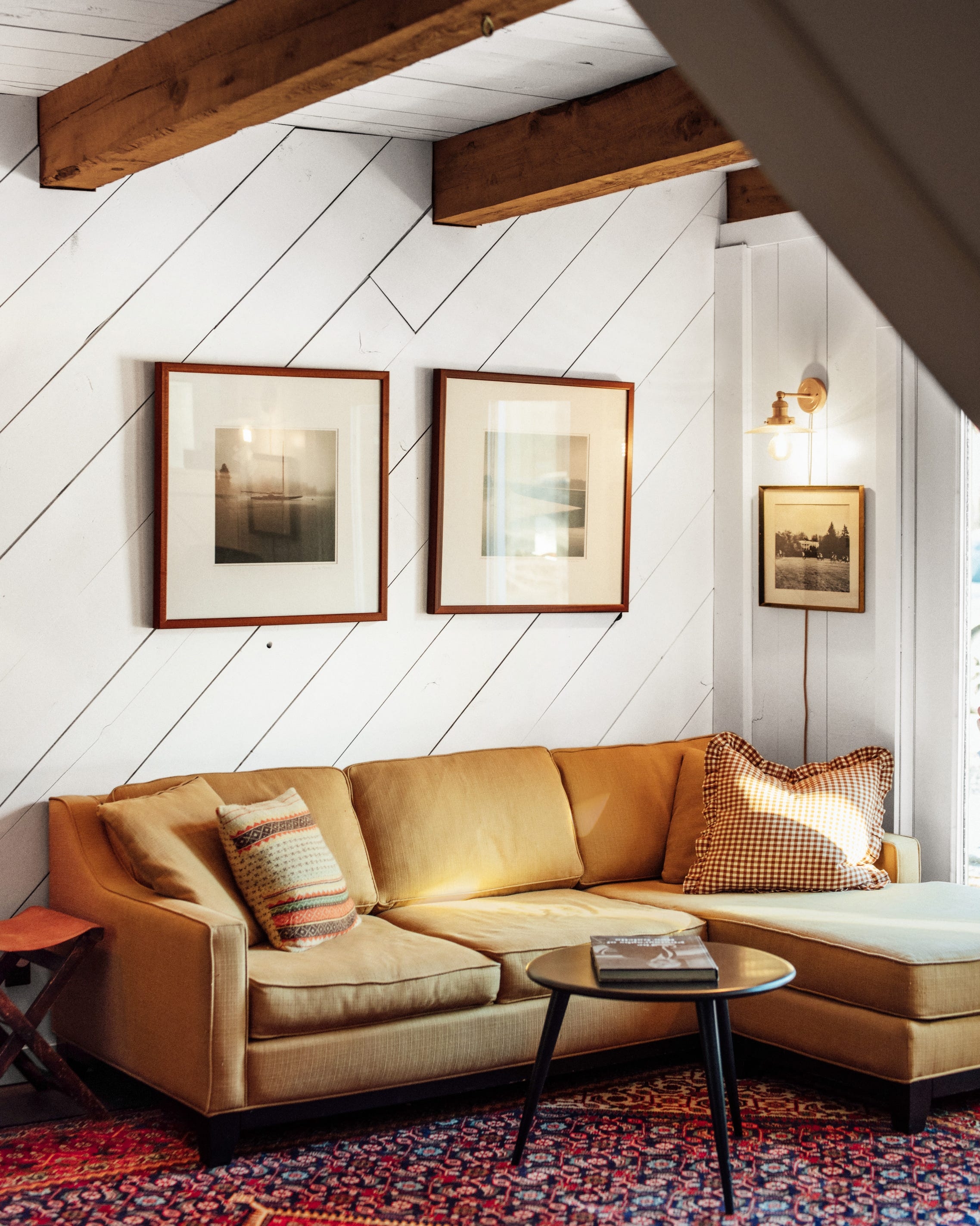 Sectional Sofa Mustard Upholstery on a Diagonal Shiplap Accent Wall