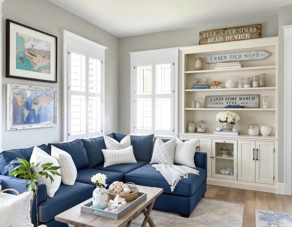Sectional Sofa Nautical Wall Art Navy Blue Coastal Sectional