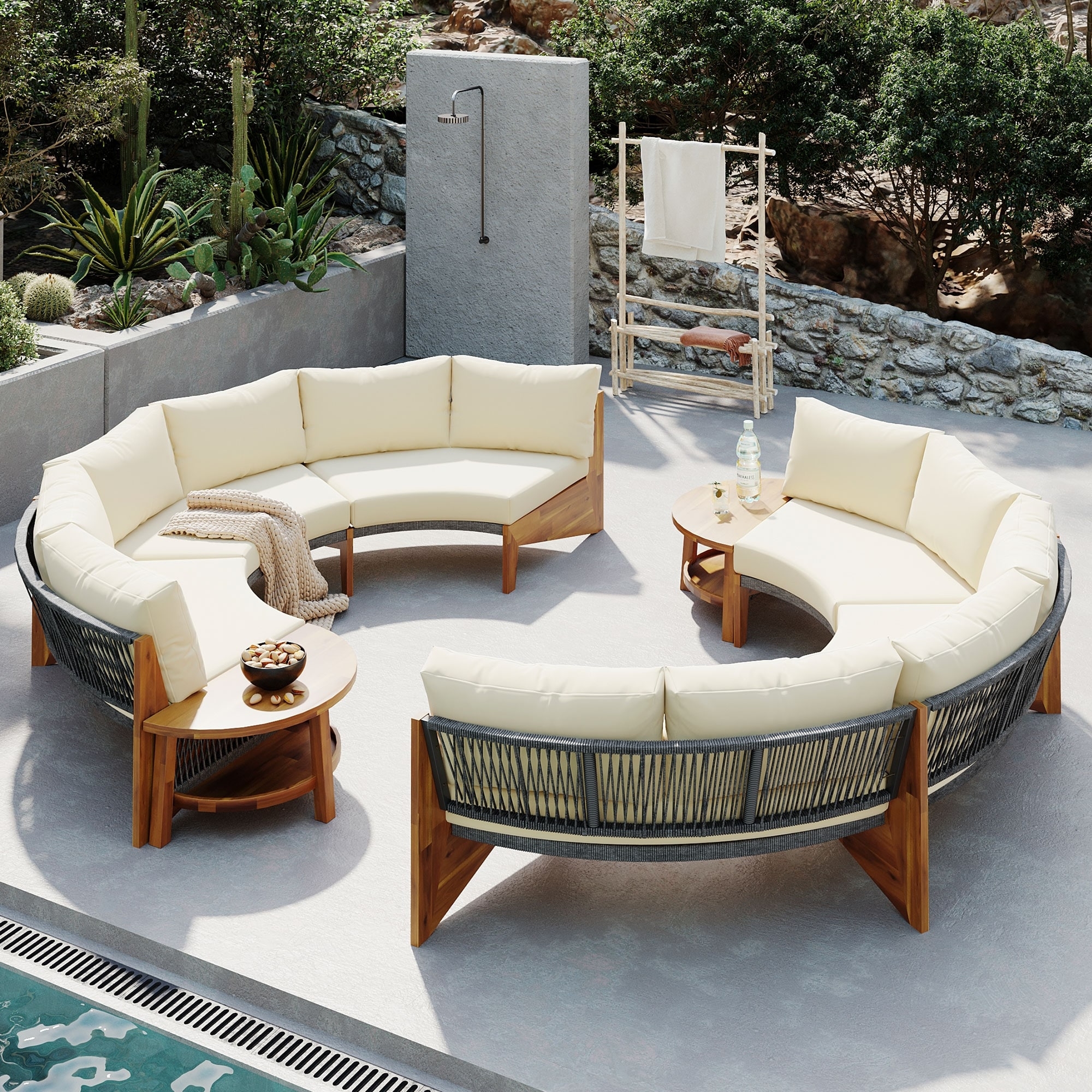 Sectional Sofa: Rope Wrapped Back Modular Poolside Seating Honey Wood