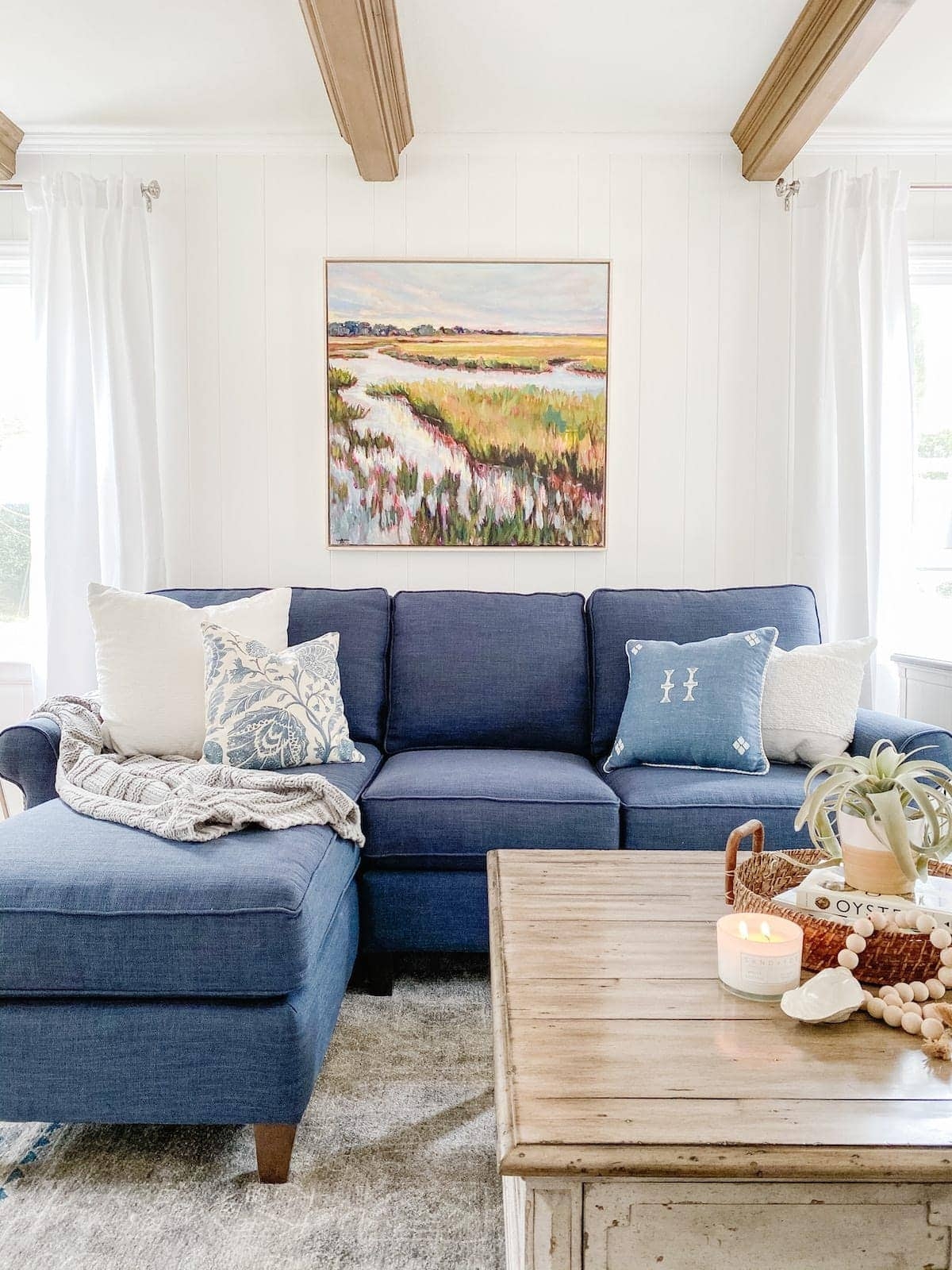 Sectional Sofa Shiplap Backdrop Coastal Marsh Painting Decor