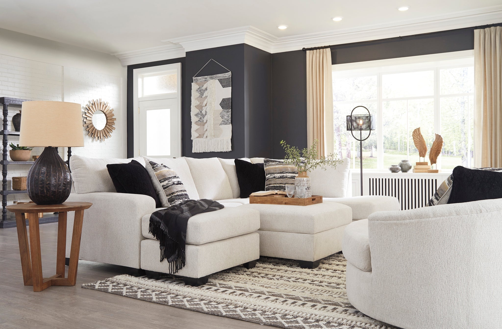 Sectional Sofa Textured Cream Fabric and Low Profile Feet