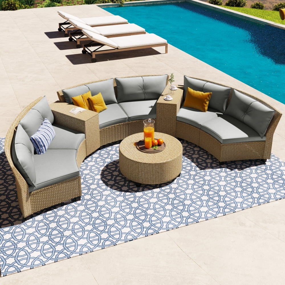 Sectional Sofa: Warm Brown Woven Rattan Finish Half Moon Wicker Set