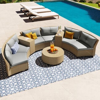 Sectional Sofa: Warm Brown Woven Rattan Finish Half Moon Wicker Set