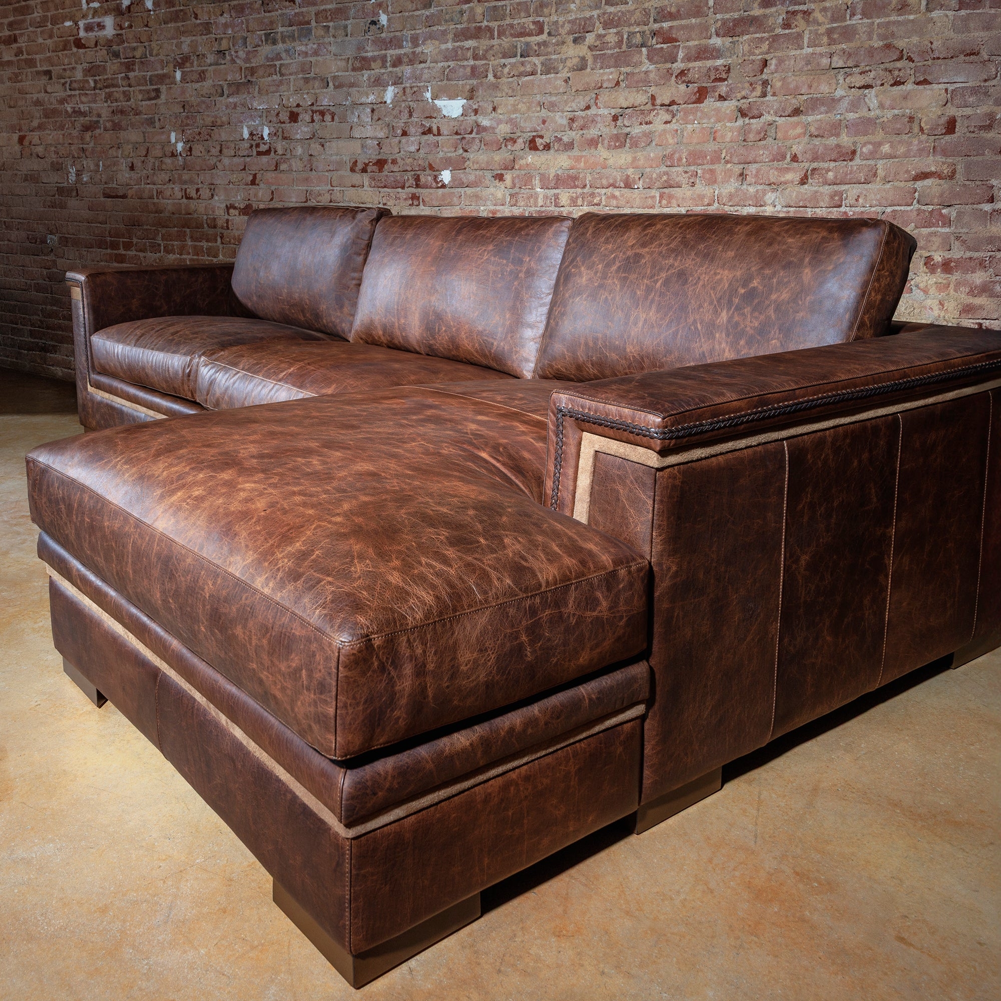 Sectional Sofa with Chaise Lounge and Saddle Leather