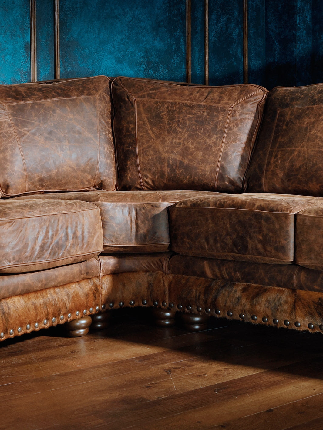 Sectional Sofa with Cowhide Border and Pecan Leather