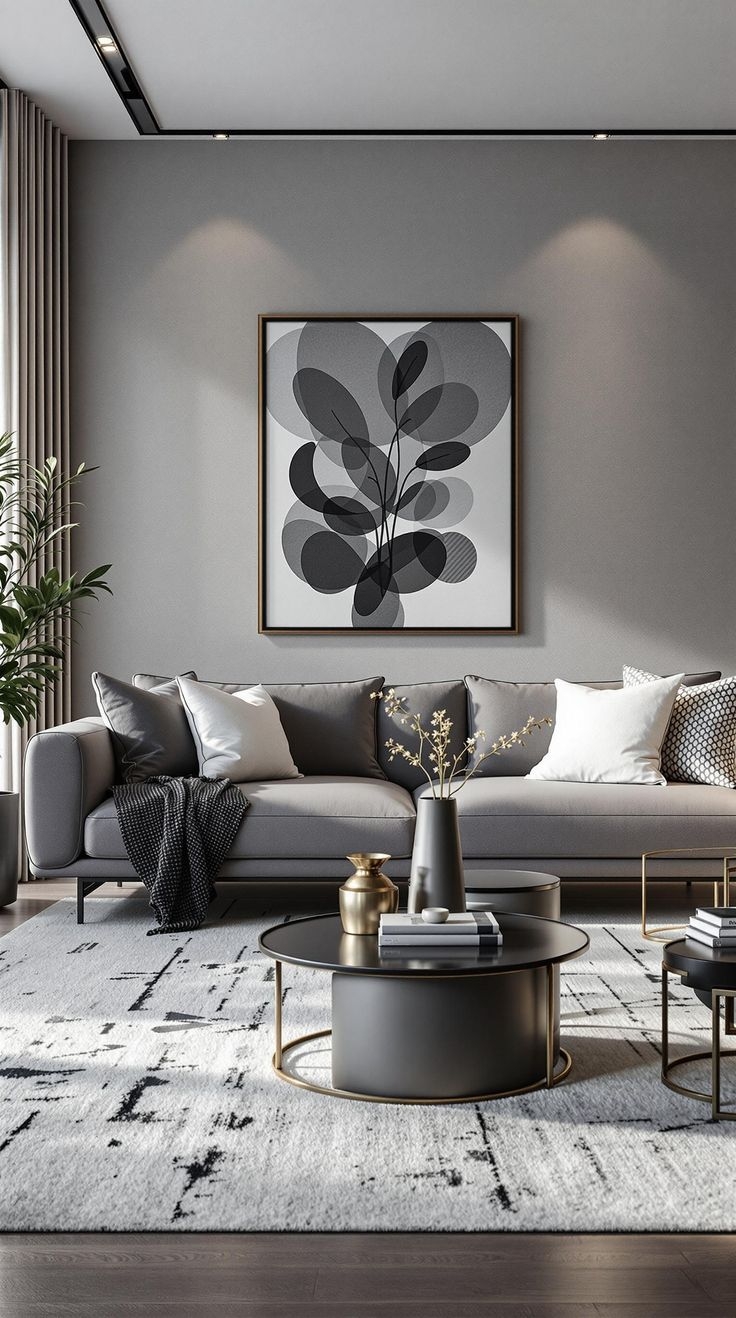 Sectional Sofa with Cylindrical Table Base & Monochromatic Art