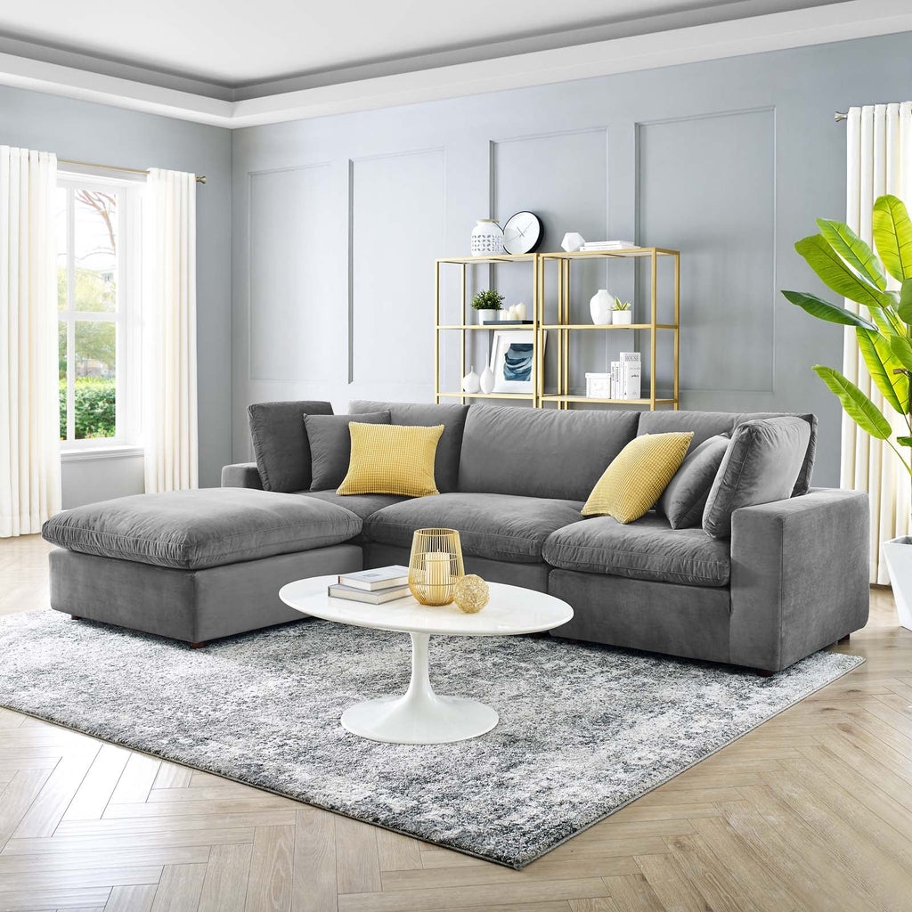 Sectional Sofa with Dark Grey Velvet and Plush Cushions