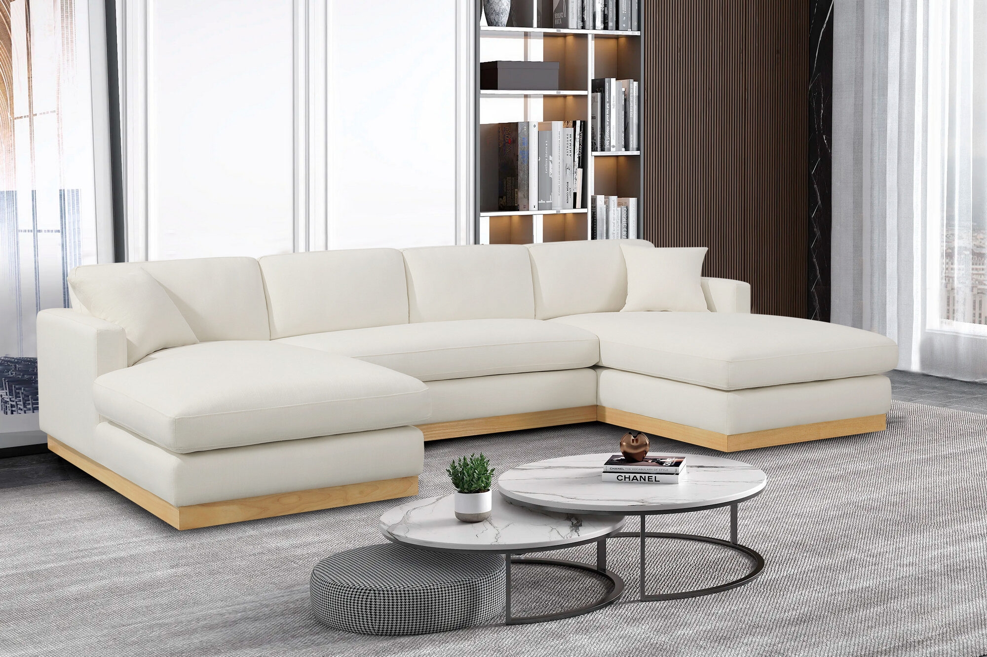 Sectional Sofa with Double Chaise and Wood Plinth Base