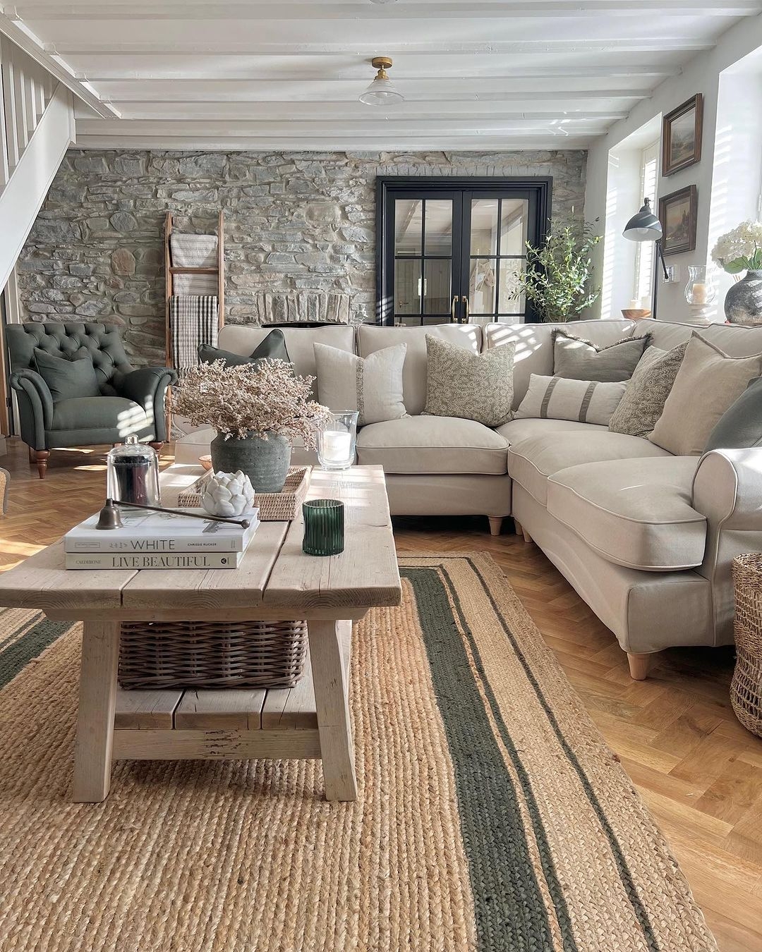 Sectional Sofa with Exposed Stone Wall and Jute Striped Border