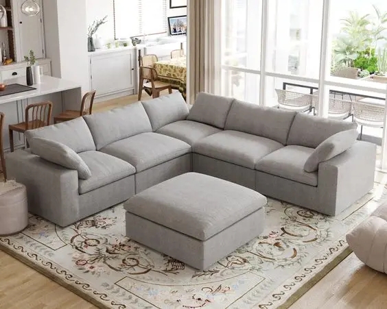 Sectional Sofa with Floral Pattern Rug and Low Profile Grey Couch