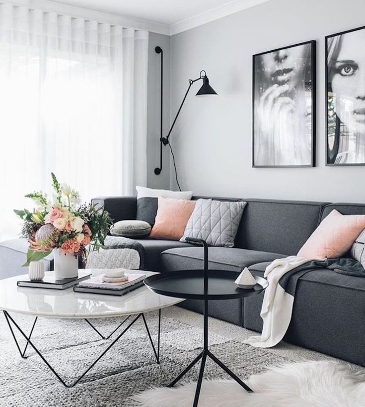 Sectional Sofa with Marble Top Table & Charcoal Gray