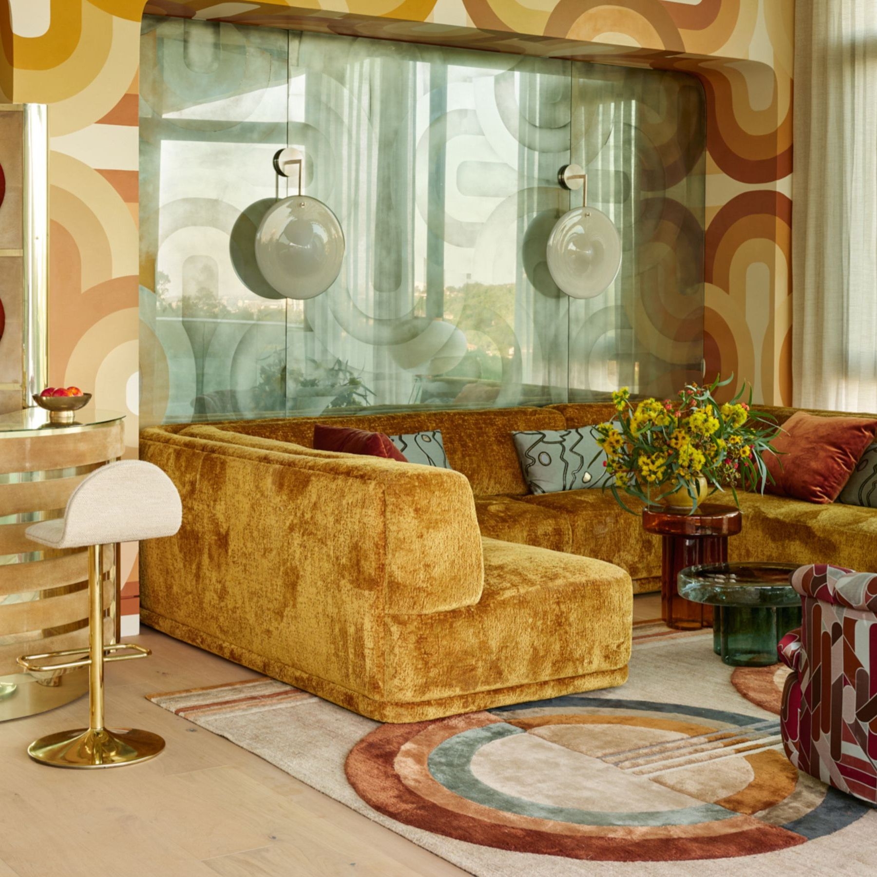 Sectional Sofa With Mustard Chenille Fabric and Geometric Wallpaper