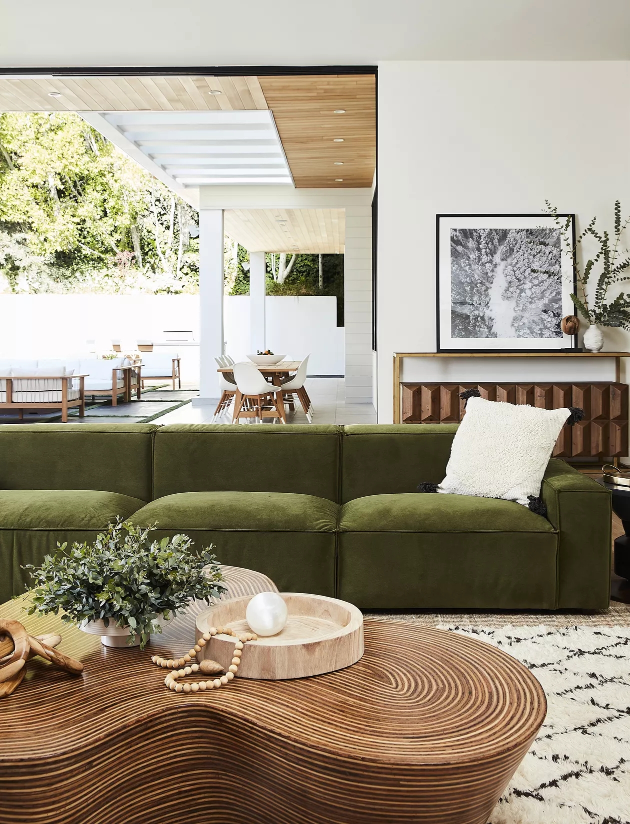 Sectional Sofa With Olive Velvet Wavy Wood Table