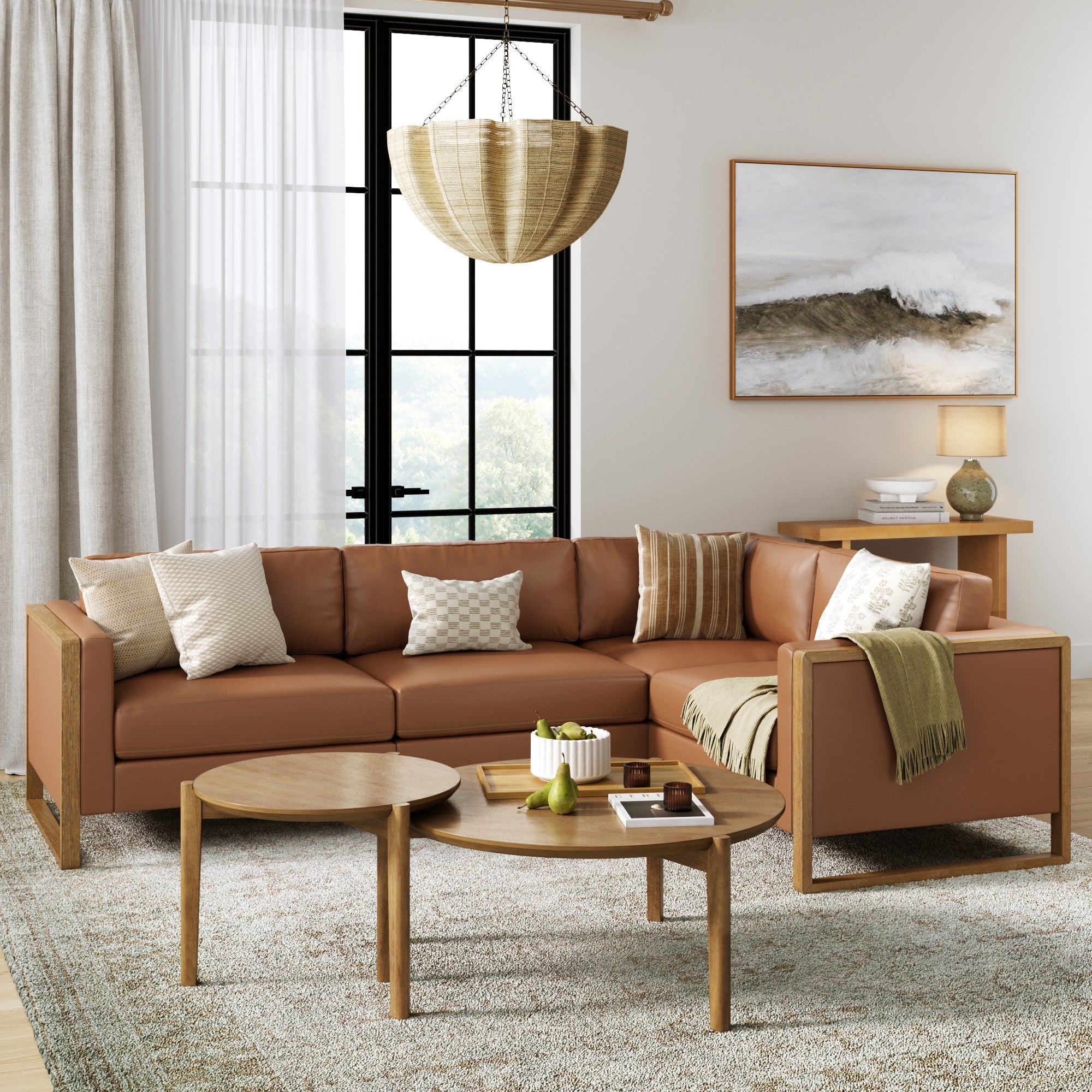 Sectional Sofa with Wood Frame Base and Nested Tables