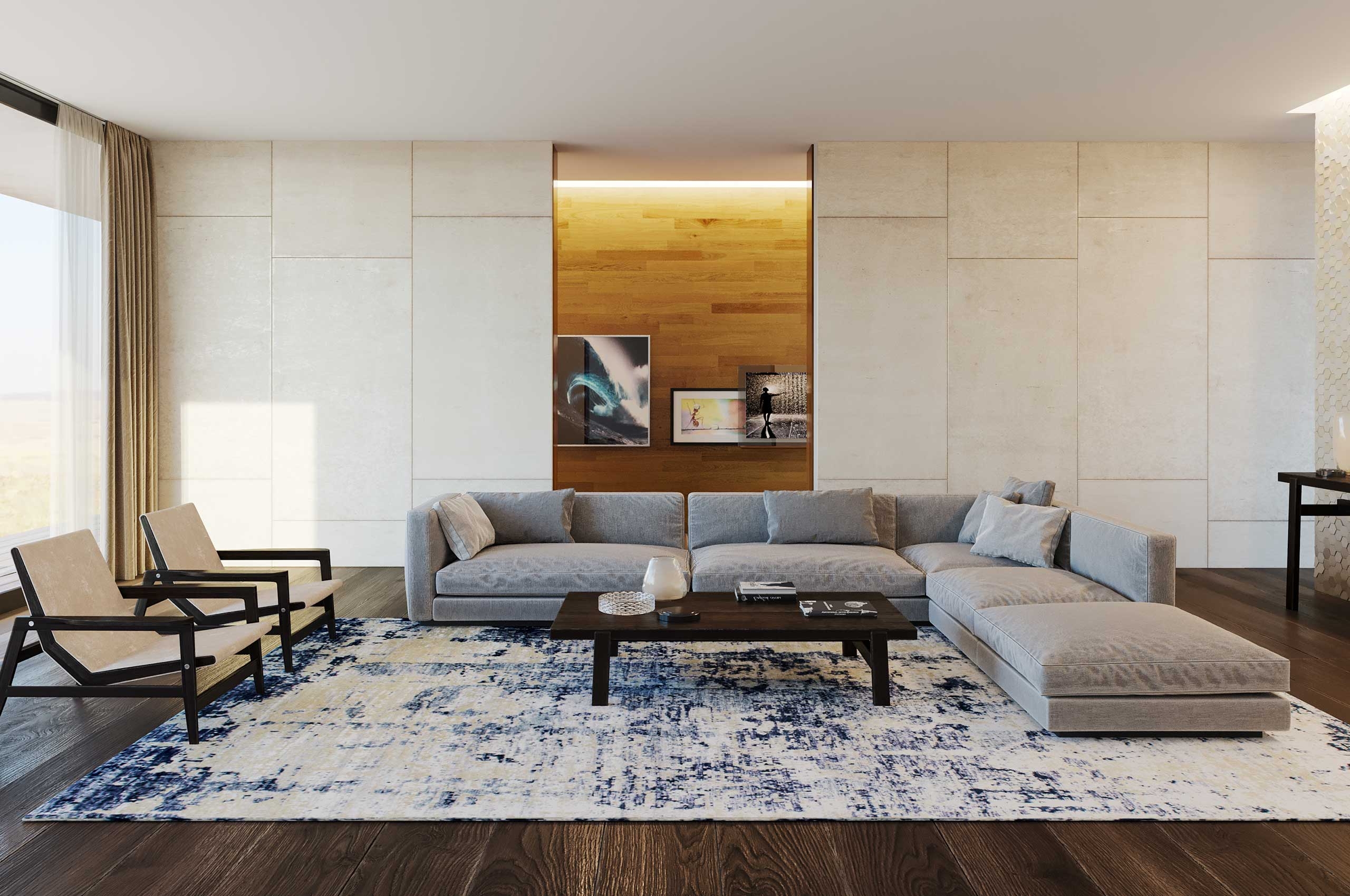 Sectional Sofa with Wood Slatted Wall and Navy Blue Patterned Rug