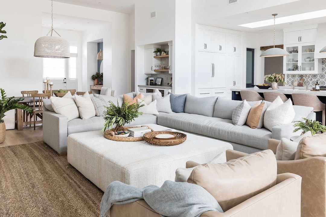 Sectional Sofa with Woven Natural Fiber Rug for Coastal Decor