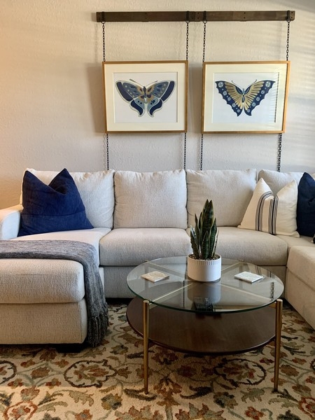 Sectional With Chaise Oatmeal Textured Fabric and Round Table