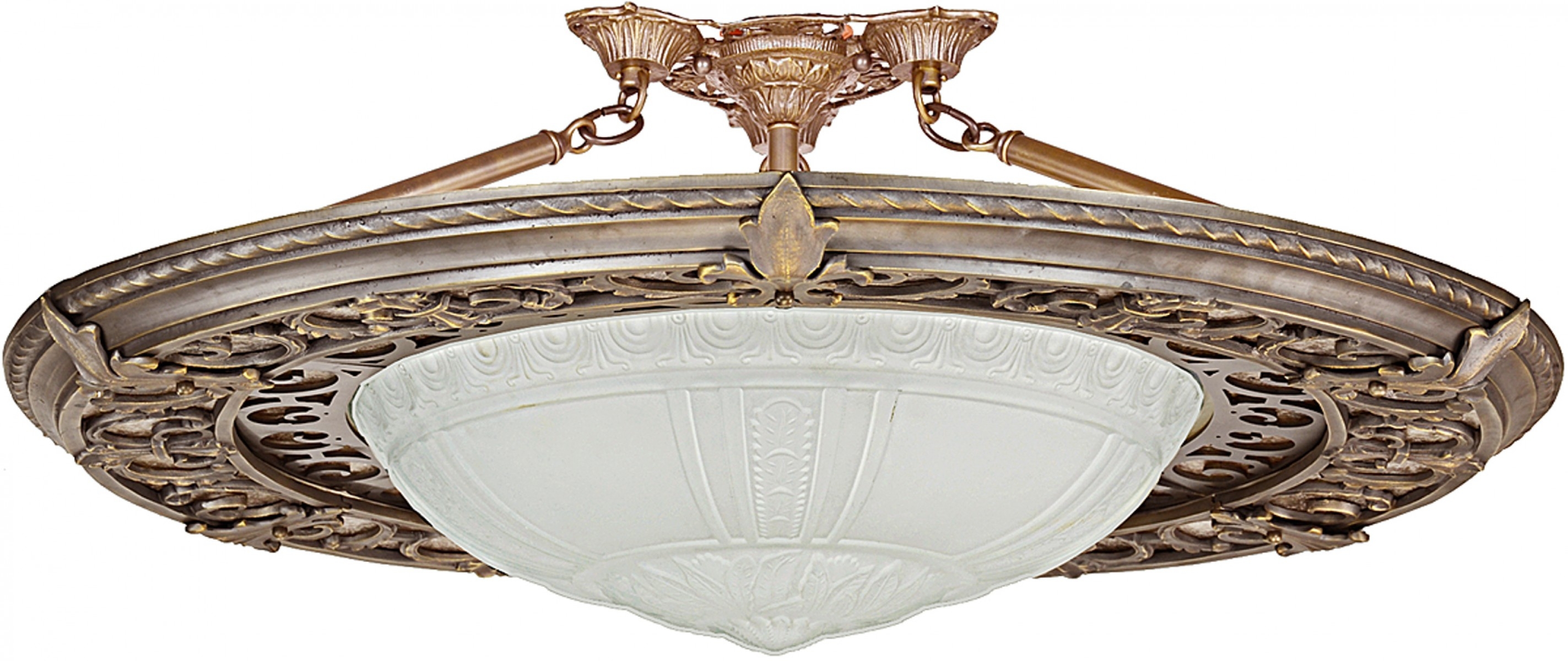 Semi Flush Chandelier Ornate Scrollwork Antique Bronze Frosted Dome