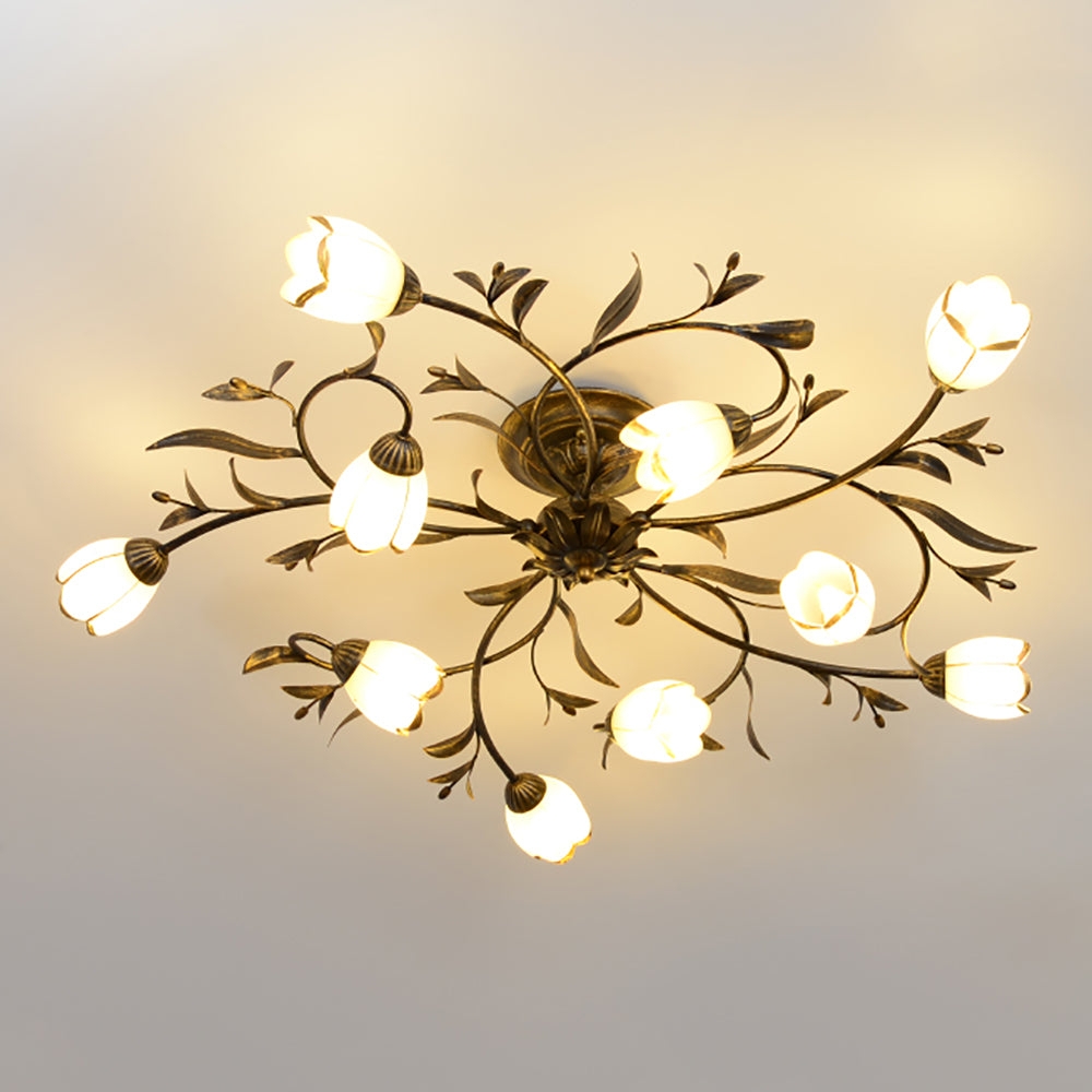 Semi Flush Mount Distressed Antique Gold Rustic Flower Lamp