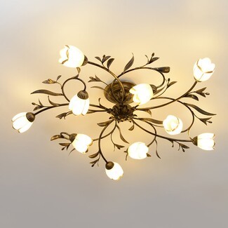 Semi Flush Mount Distressed Antique Gold Rustic Flower Lamp