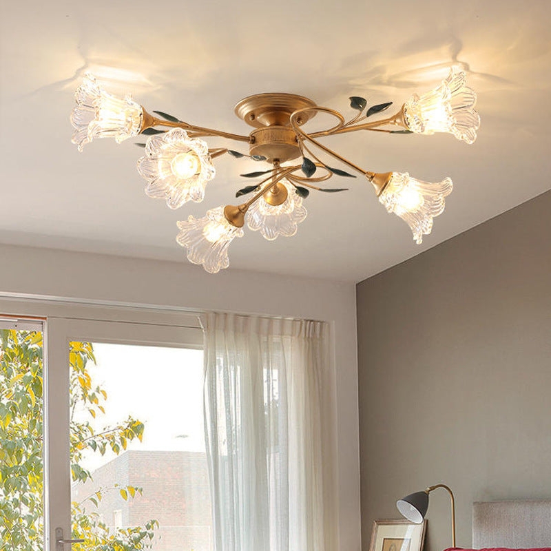 Semi Flush Mount Floral Vine Structure Ruffled Glass Lilies