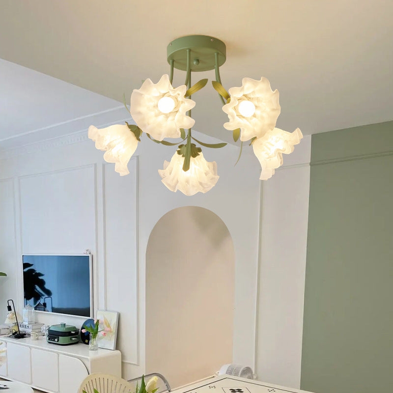 Semi Flush Mount Sage Green Lily Lamp with Ruffled Petal Edges