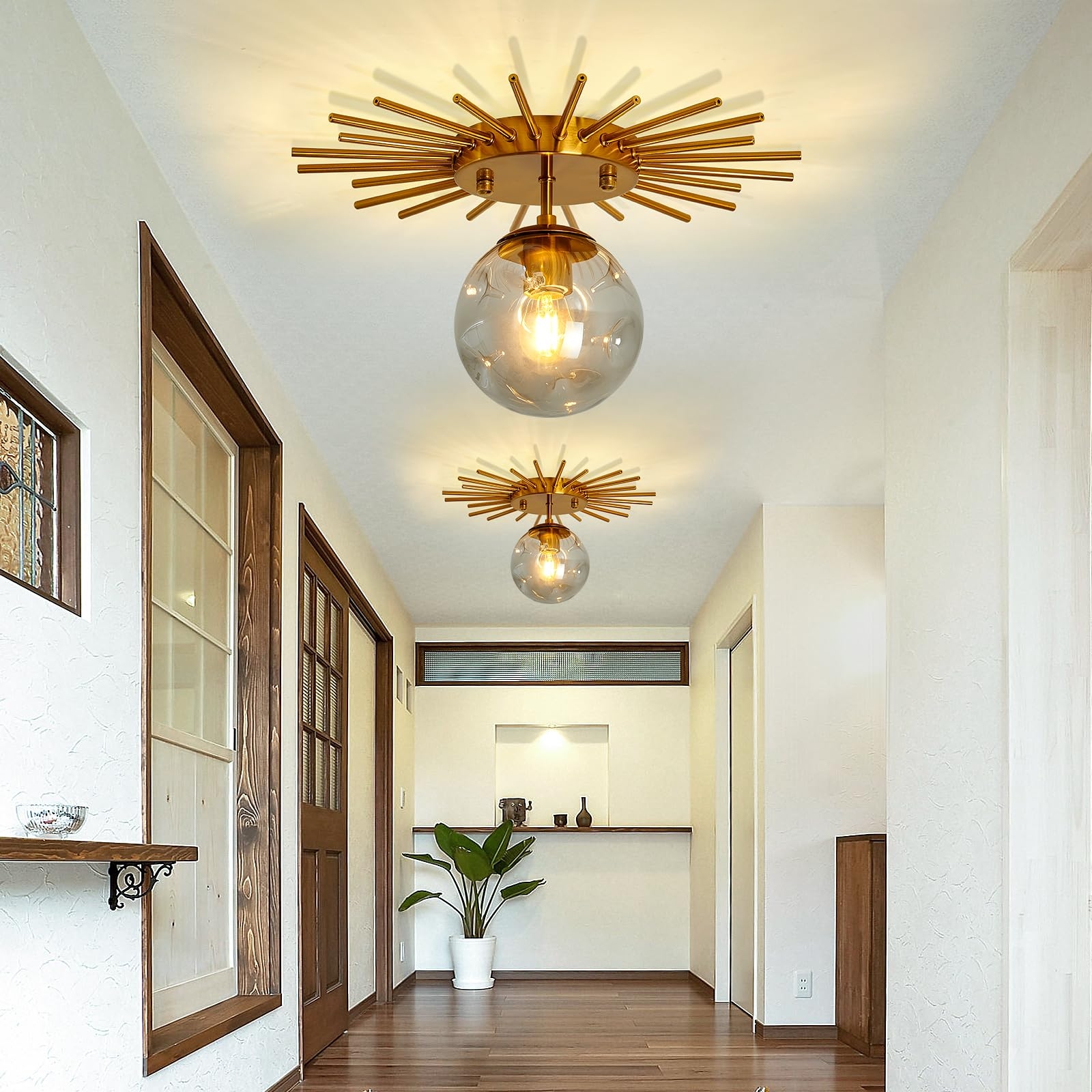 Semi Flush Mount Sunburst Light with Clear Glass Globe