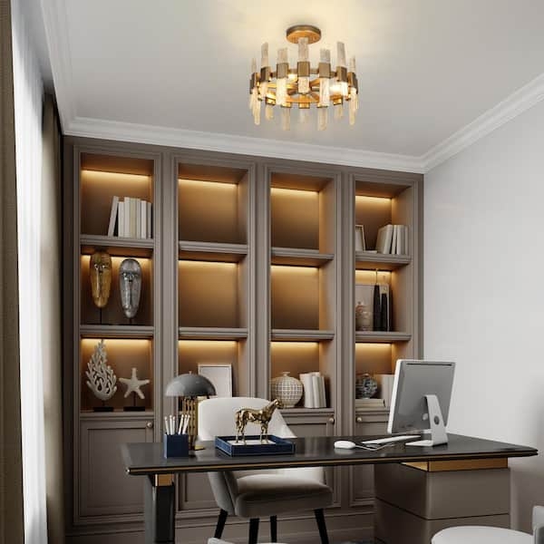 Semi Flush Mount with Ice Glass Strips and Gold Drum Frame