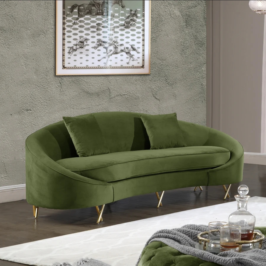 Serpentine Sofa Curved Backrest Olive Green Velvet Glam