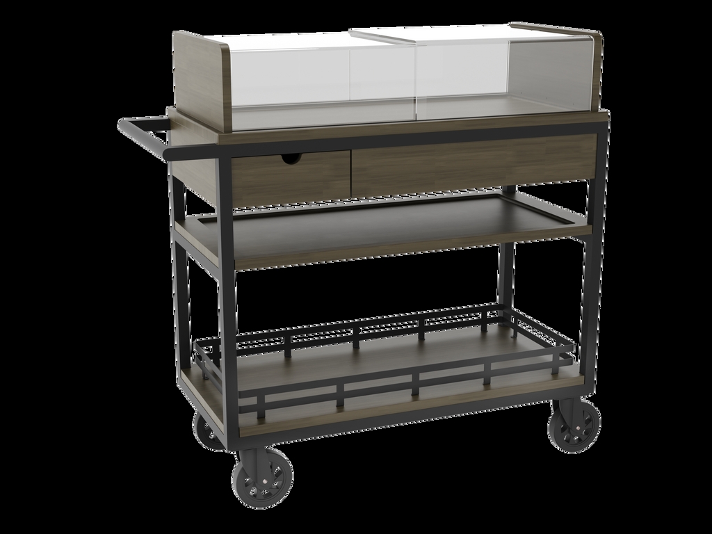 Serving Cart with Glass Display Case and Walnut Wood Panels