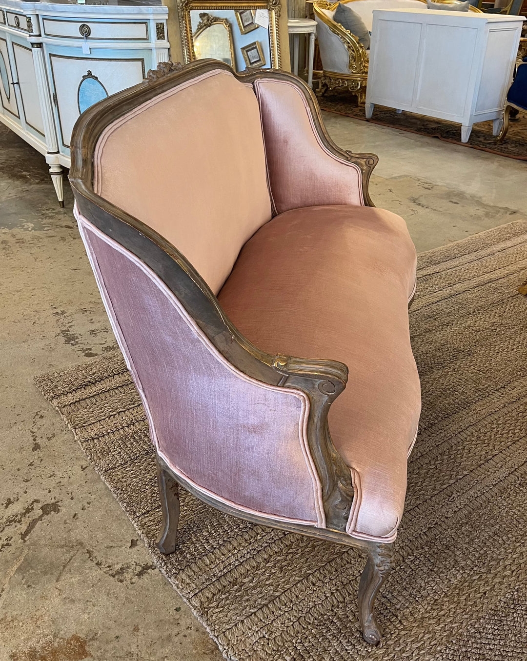 Settee with Cabriole Legs and Weathered Wood French Provincial