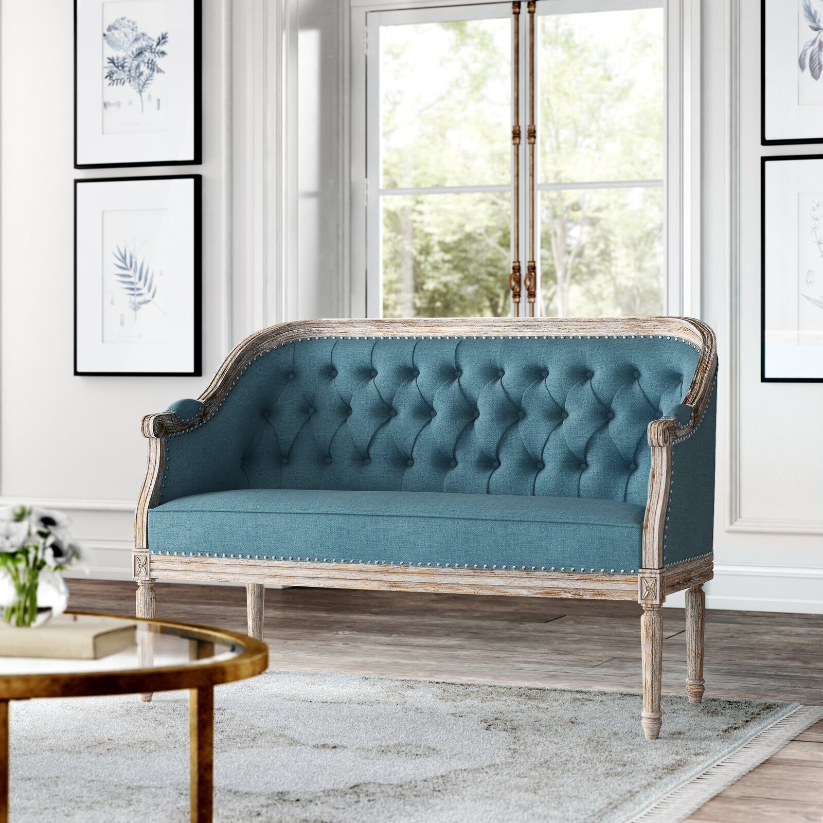 Settee with Teal Button Tufting and Whitewashed Wood Frame