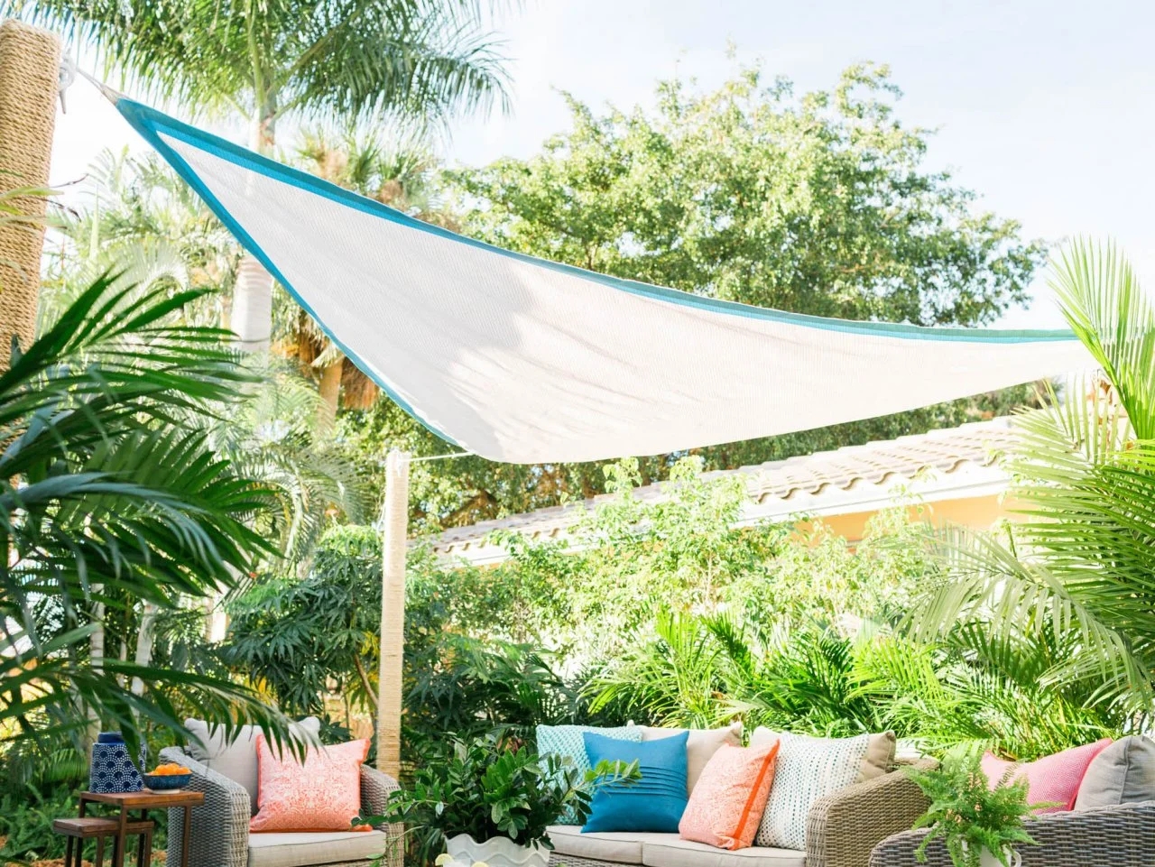 Shade Sail Teal Trimmed Canopy Rope Wrapped Support