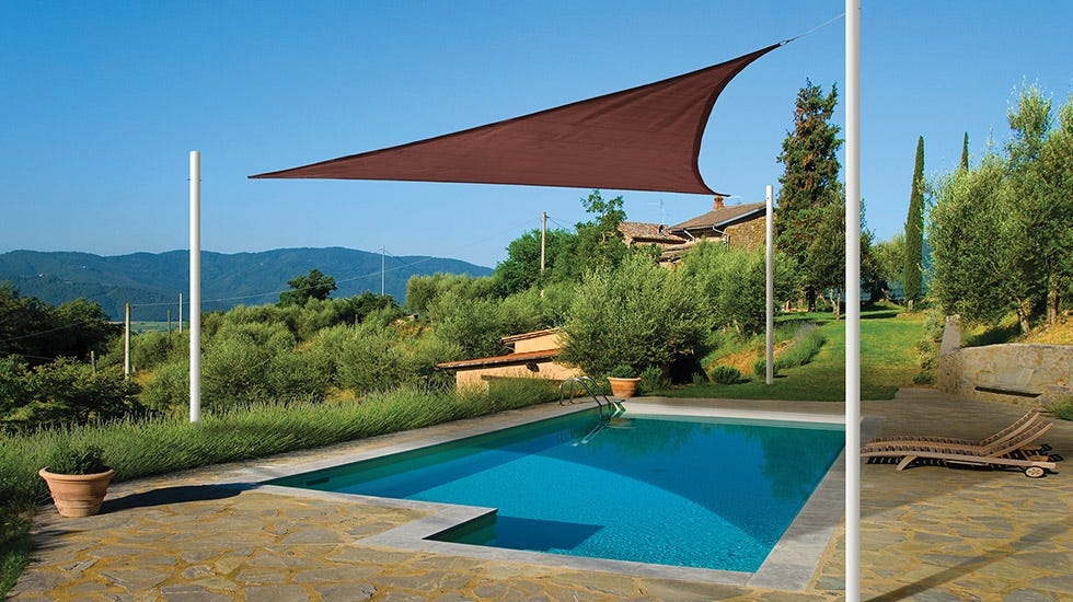 Shade Sail Terracotta White Posts Triangular Pool