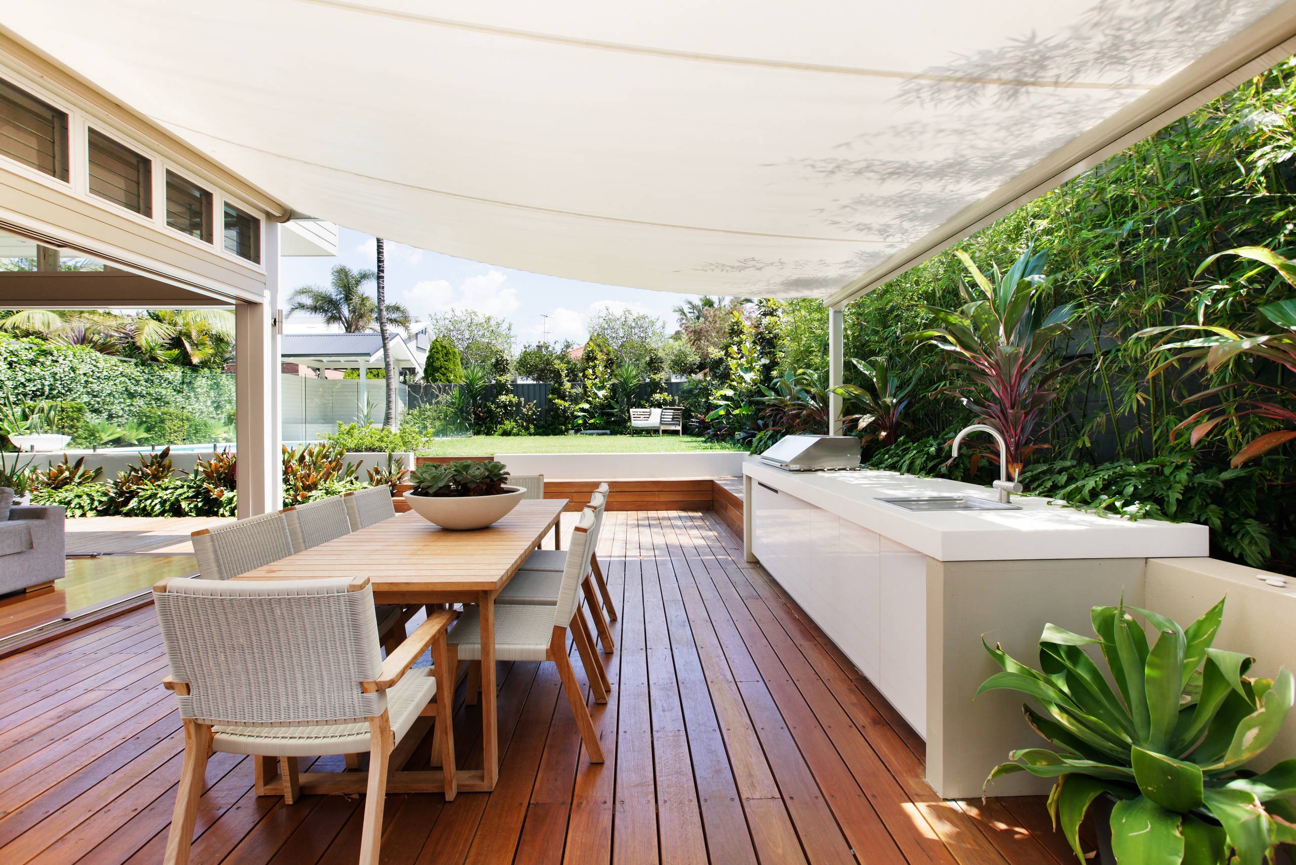 Shade Sail White Tensile Modern Timber Deck Dining