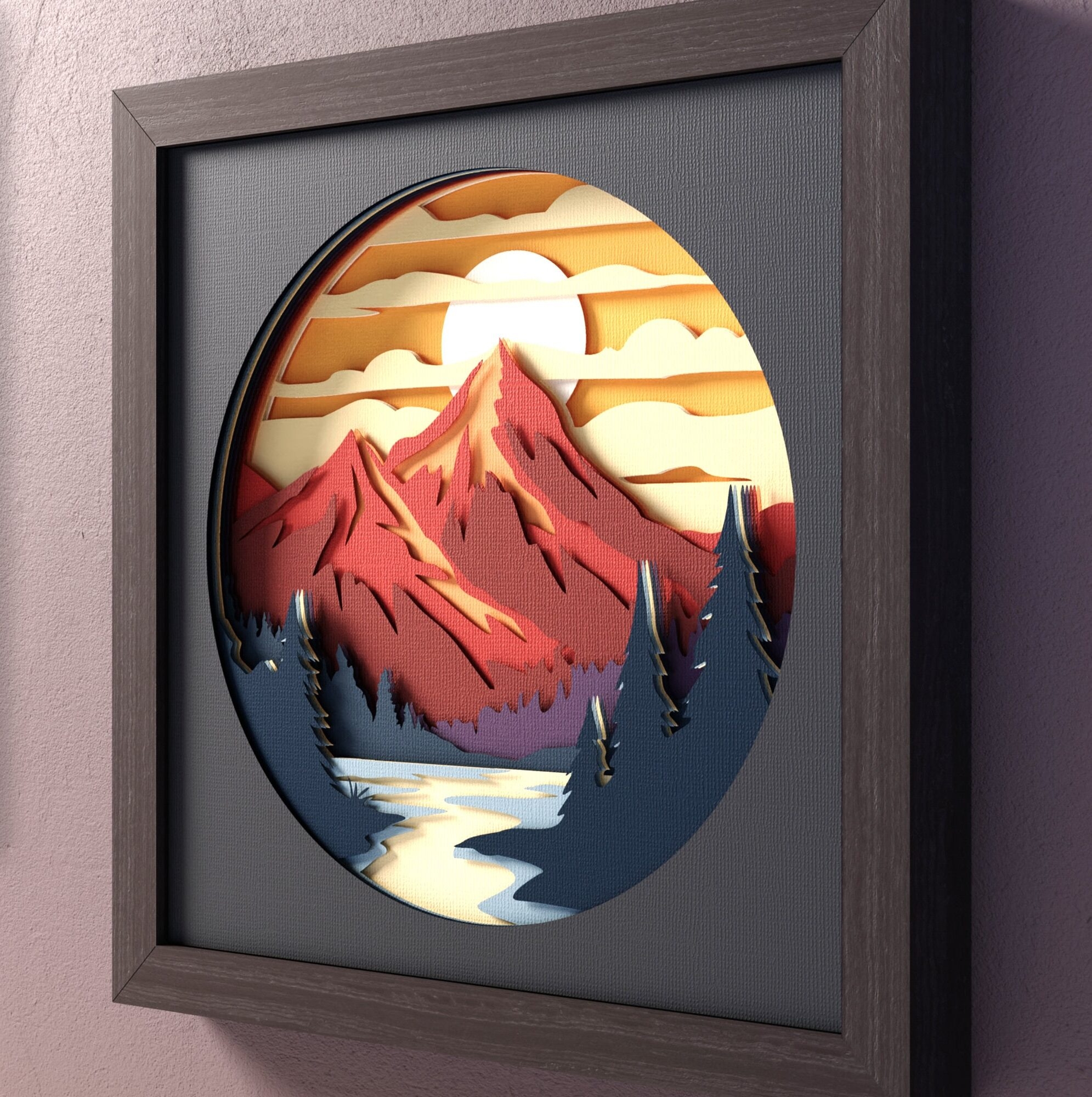 Shadow Box using Circular Focal Point Sunset Mountain Wall Sculpture