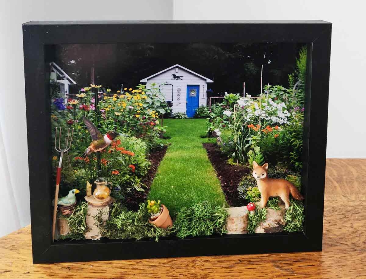 Shadow Box with 3D Miniatures Handcrafted Garden Diorama