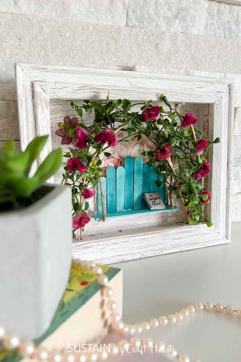 Shadow Box with Teal Popsicle Fence Cottagecore Garden Decor
