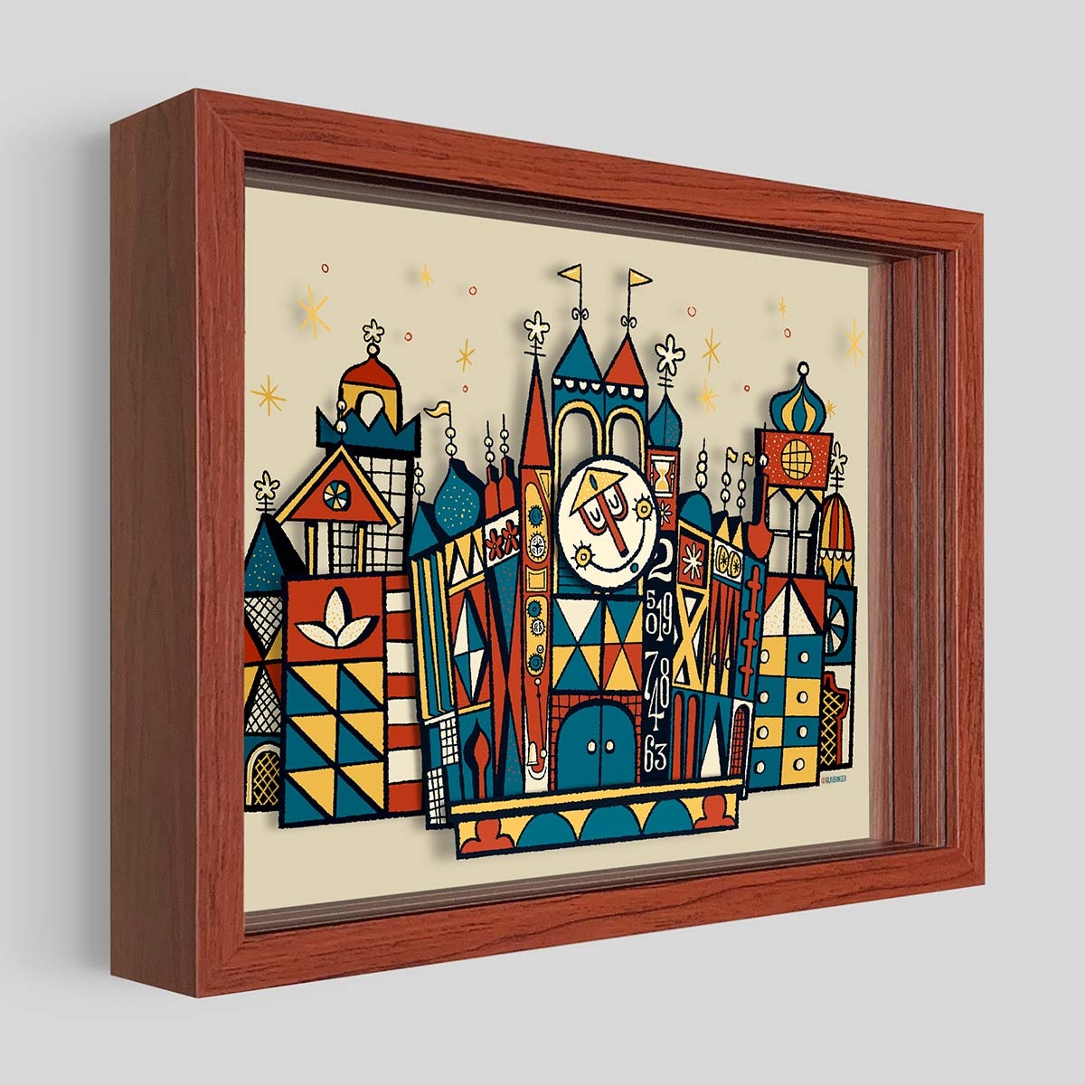 Shadowbox Art with Geometric Illustration Mid-Century Modern Castle Art