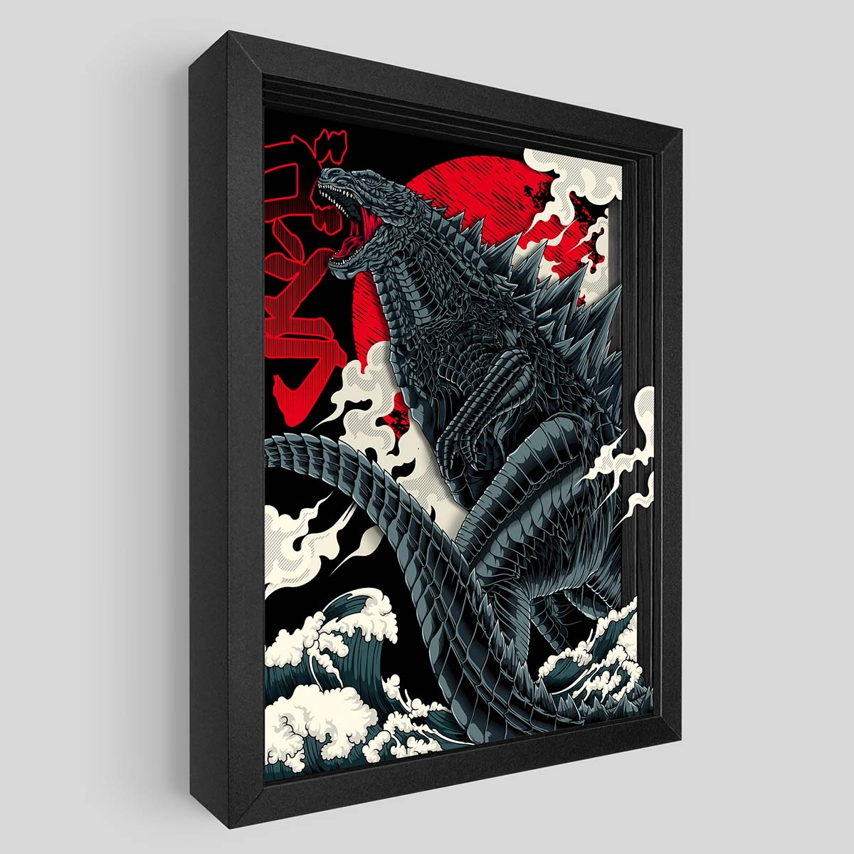 Shadowbox Art with Ukiyo-e Style and 3D Monster Illustration