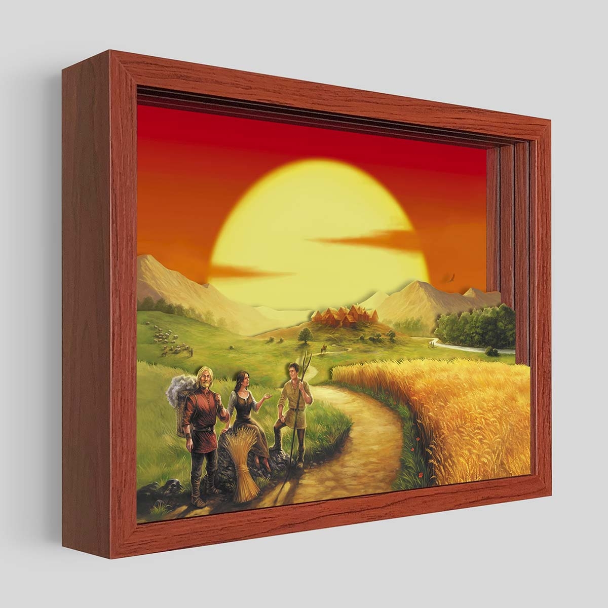 Shadowbox in Deep Set Frame featuring Catan Settlers Landscape