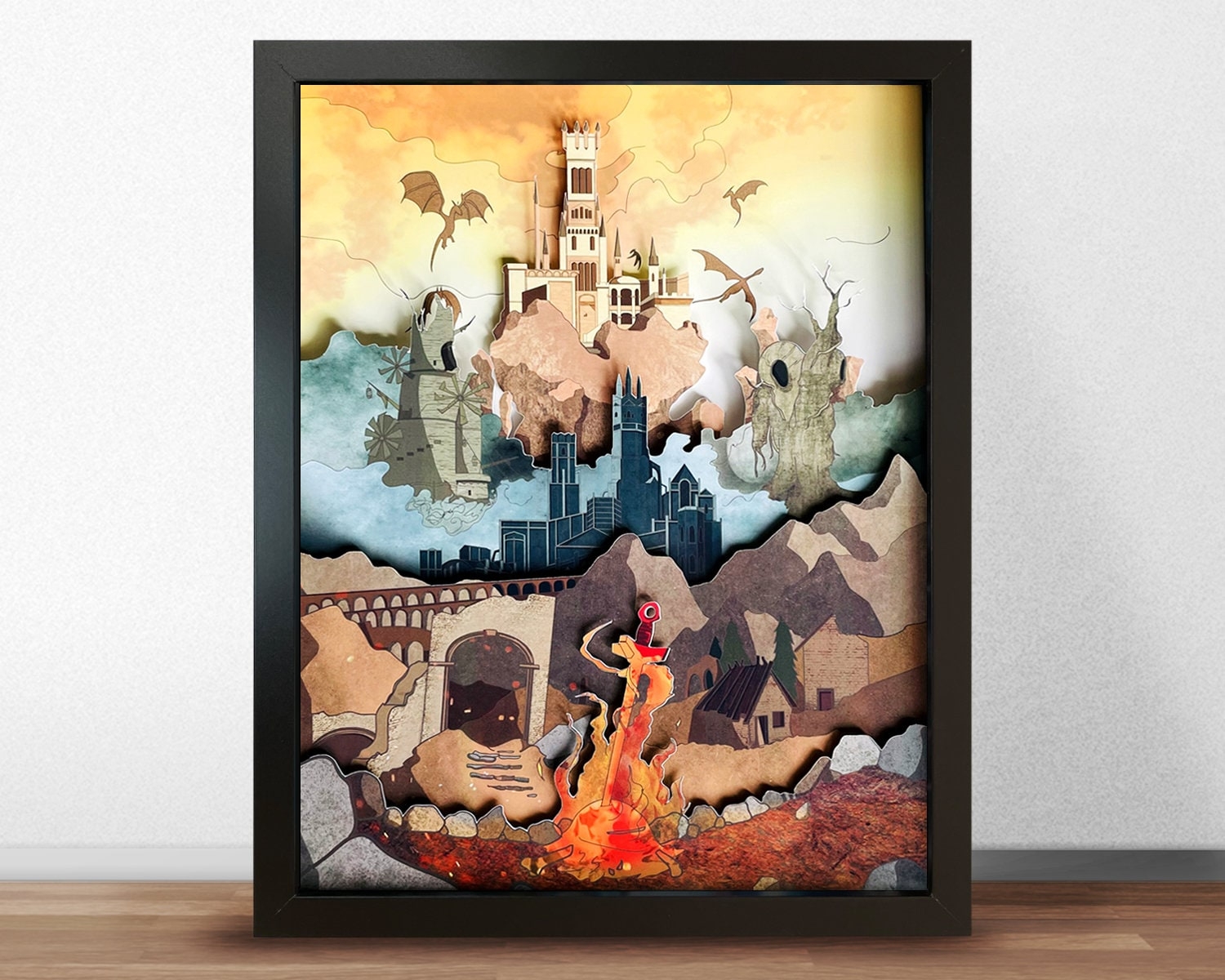 Shadowbox Wall Art with Medieval Bonfire Art and Silhouettes