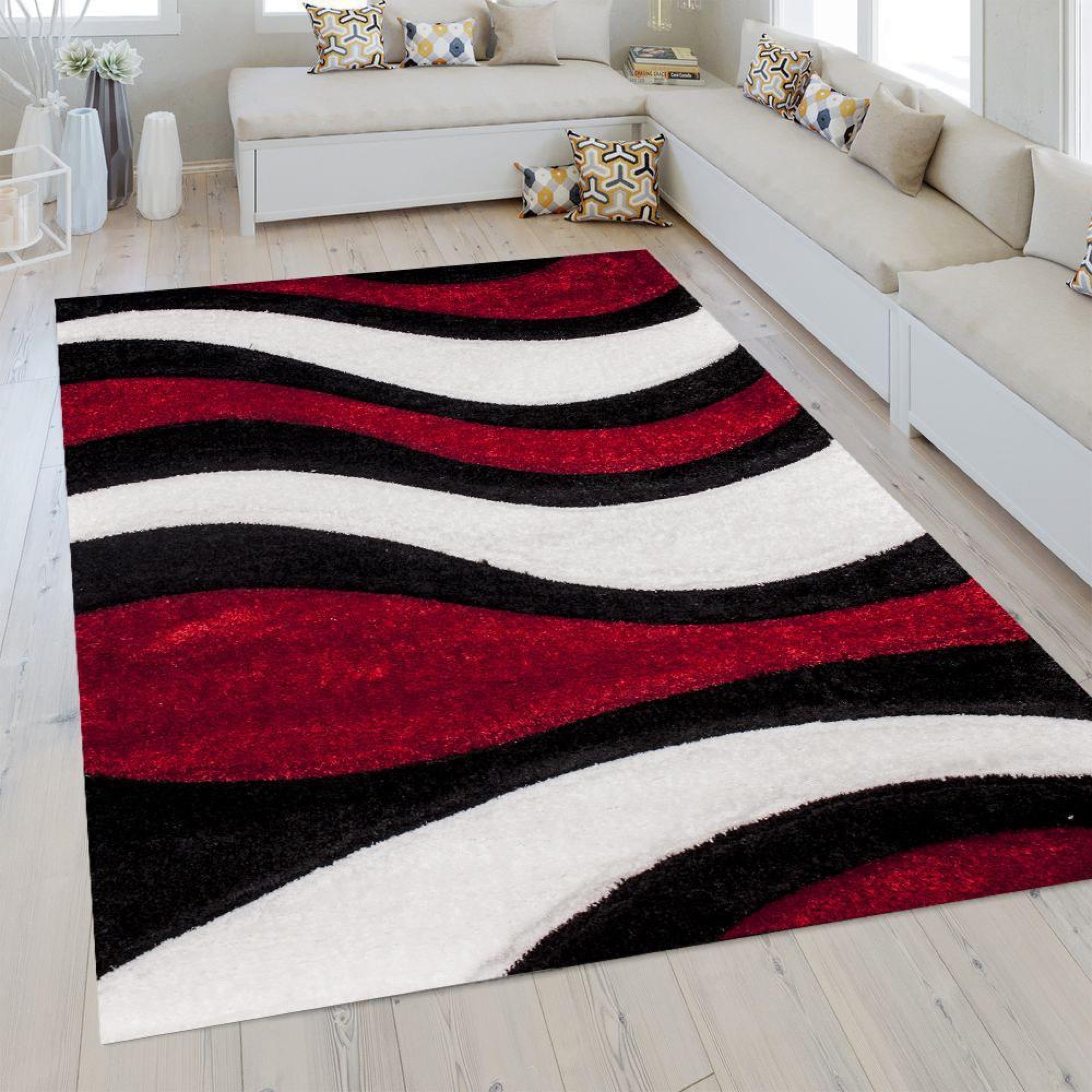 Shag Area Rug - 3D Wave Pattern High Pile Bold Red Carpet