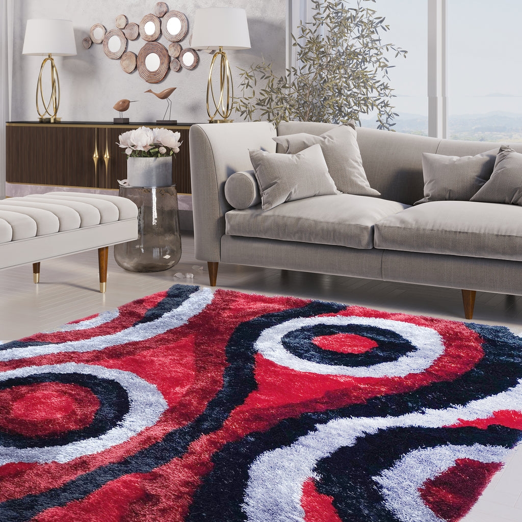 Shag Area Rug - Bold Red Black Swirling Motif Carpet