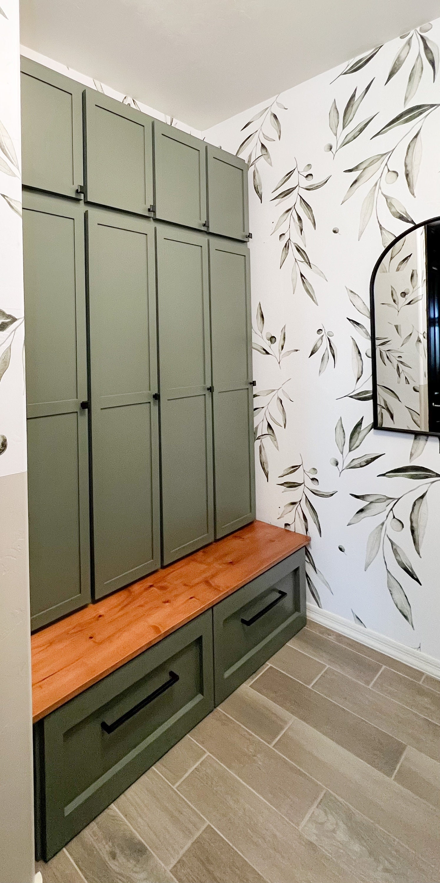 Shaker Style Mudroom Lockers with Botanical Wallpaper