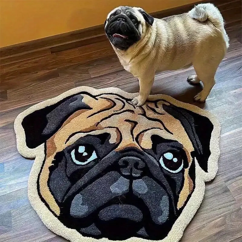 Shaped Area Rug Whimsical Pug Head Illustrative Design