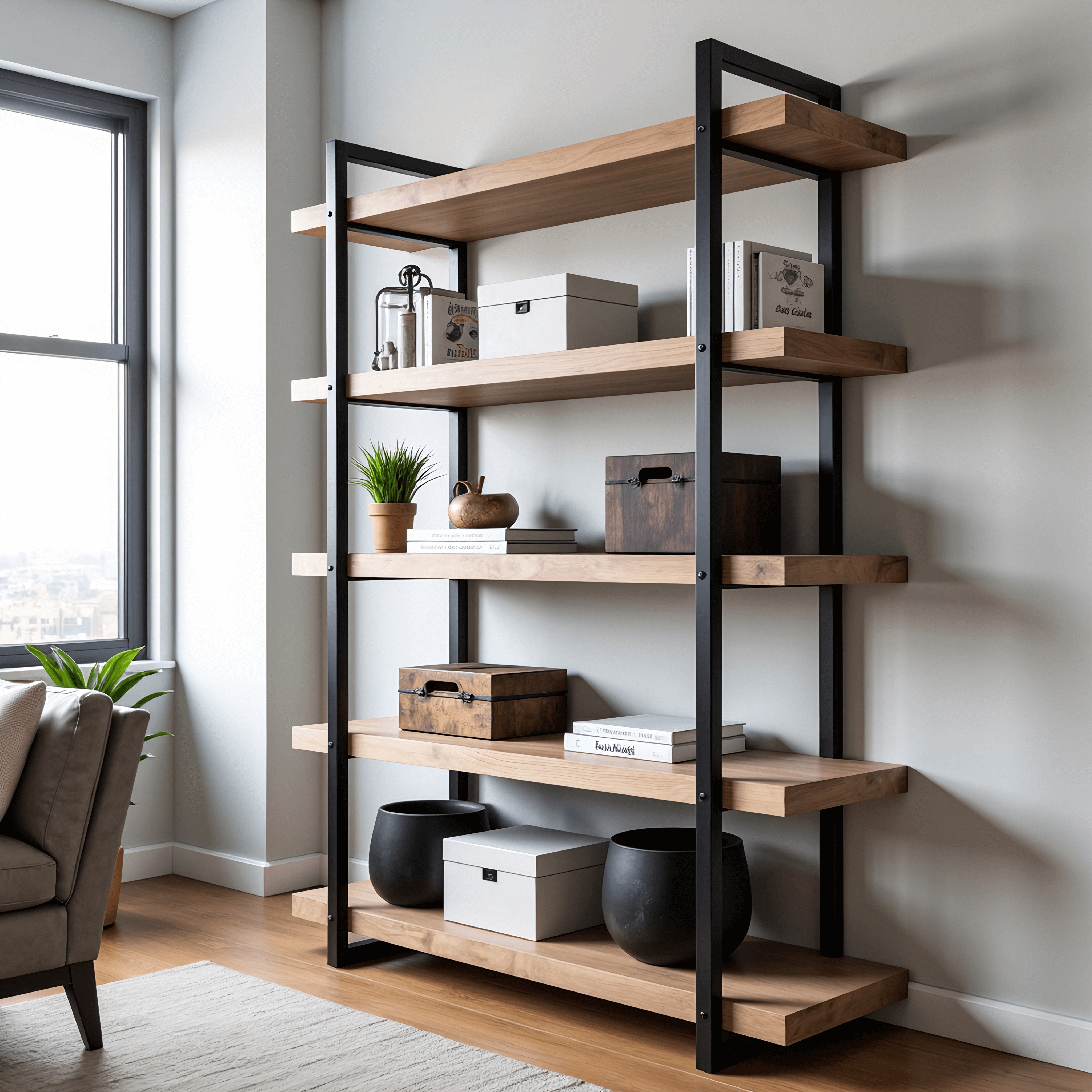 Shelving Unit Black Steel Frame Five Tier Cantilevered Rack