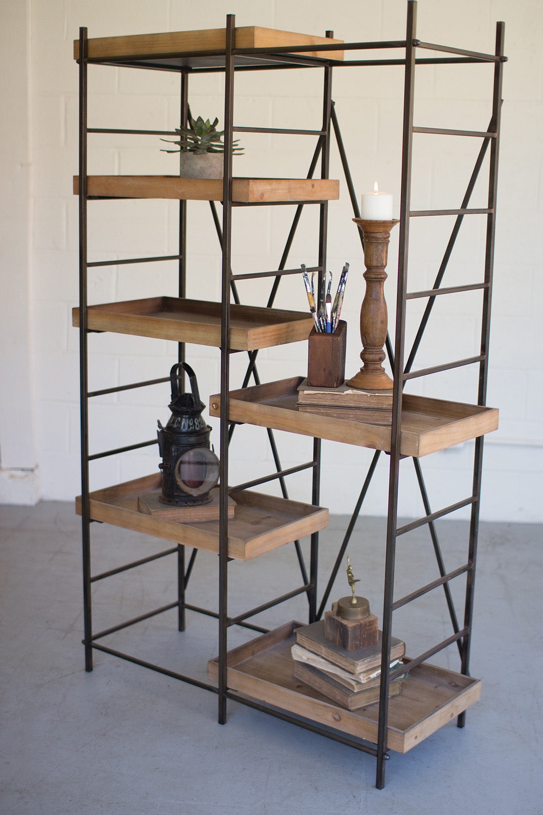 Shelving Unit Rustic Staggered Shelf with Wooden Tray Tiers